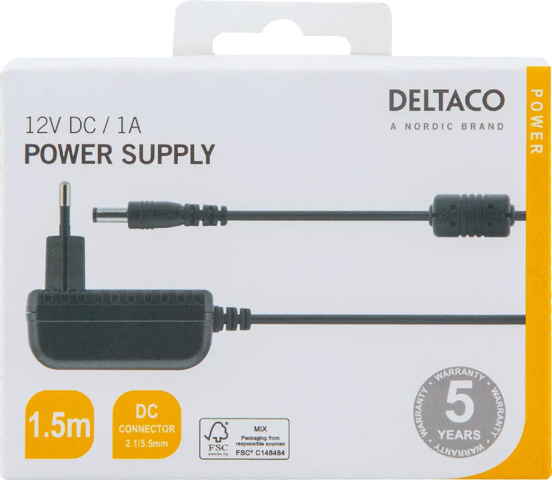 DELTACO virtasovitin 12V DC, 1A, 1,5m, musta