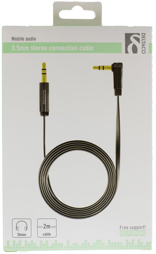 Deltaco äänikaapeli, kulma 3,5mm uros - 3,5mm uros, 2m, musta